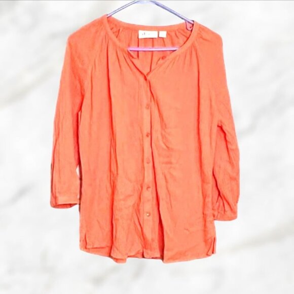 D&Co Tunic Top Peach Pink Long Sleeve Button Up Crinkle Texture‎ Shirt size XS - Picture 1 of 9